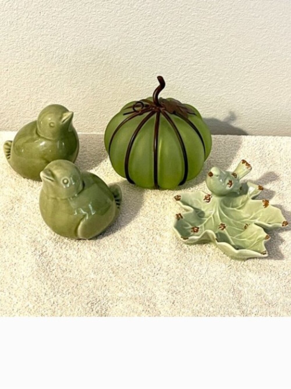 Bird Leaf Pumpkin Fall Year Round Decor Glass Ceramic Green 4 Piece Set
